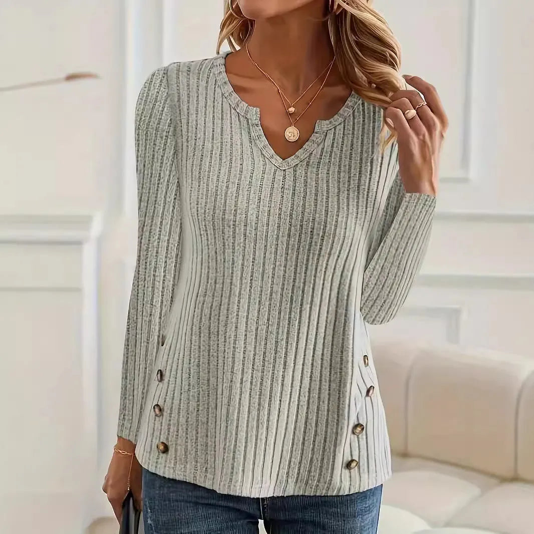 Solid colour button-front knitted sweater in black or grey green, casual pullover style