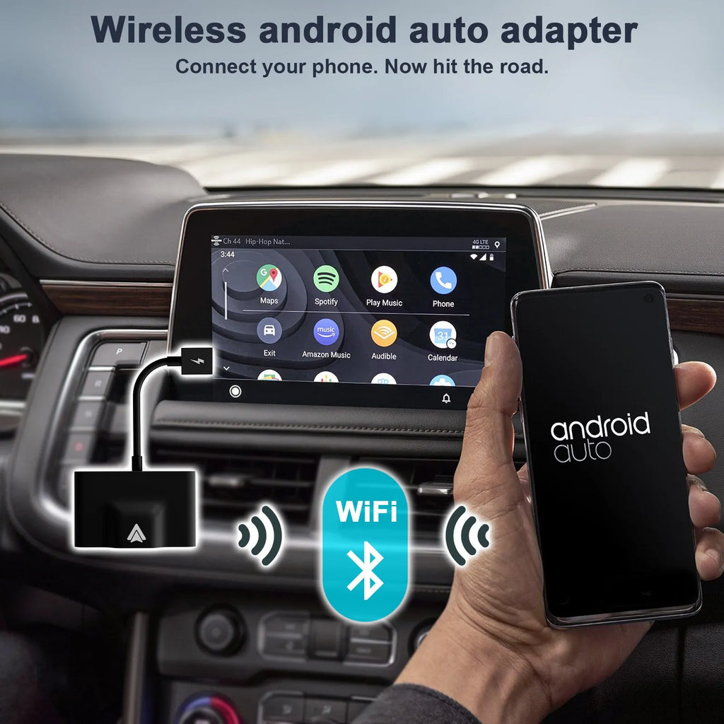 Wireless Android Auto adaptor for cars, shown in black, next to a car USB port.