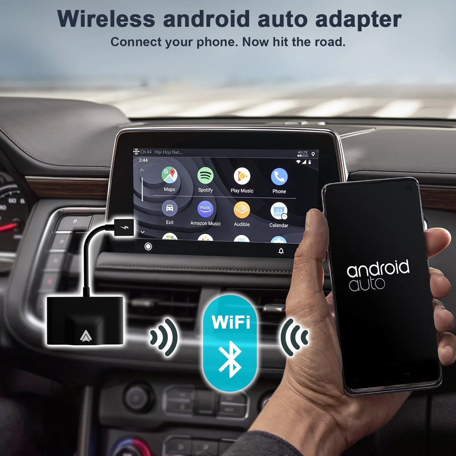 Wireless Android Auto adaptor for cars, shown in black, next to a car USB port.