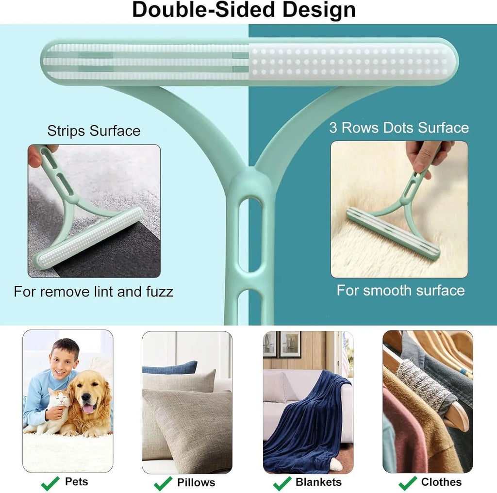 Three pet hair removal tools: a metal lint shaver, a double-row silicone brush, and a round ABS+TPR cleaner.