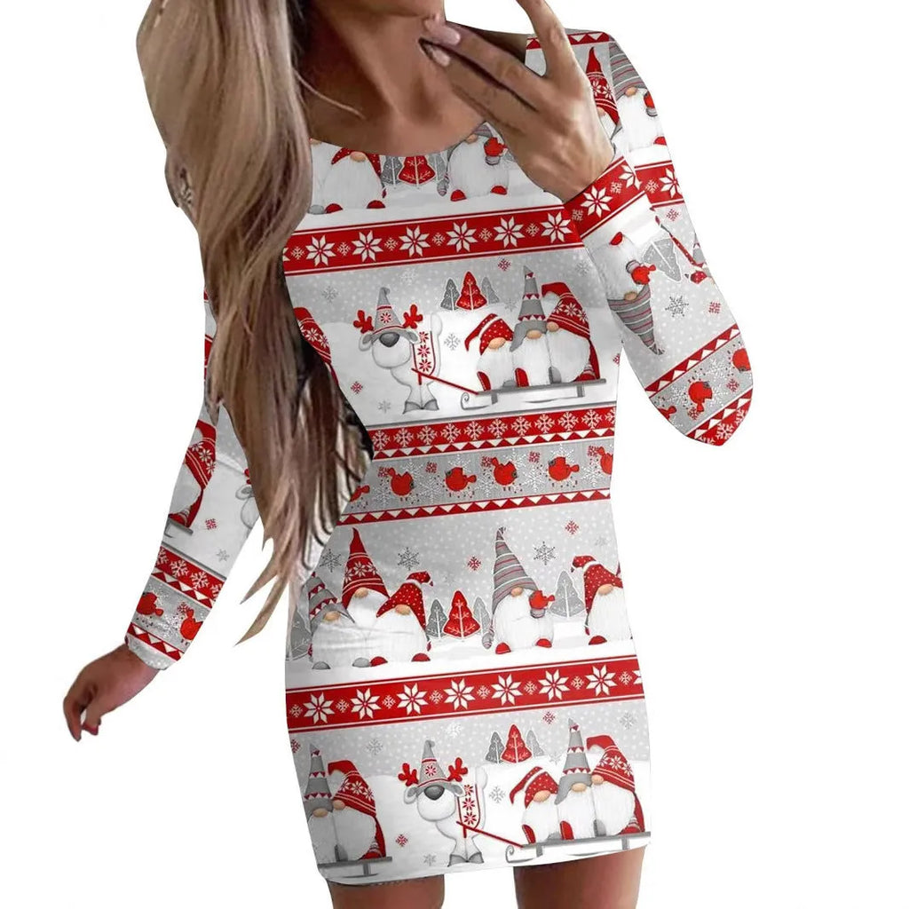 Women's long sleeve bodycon dress with Christmas animal print in a floral colour.