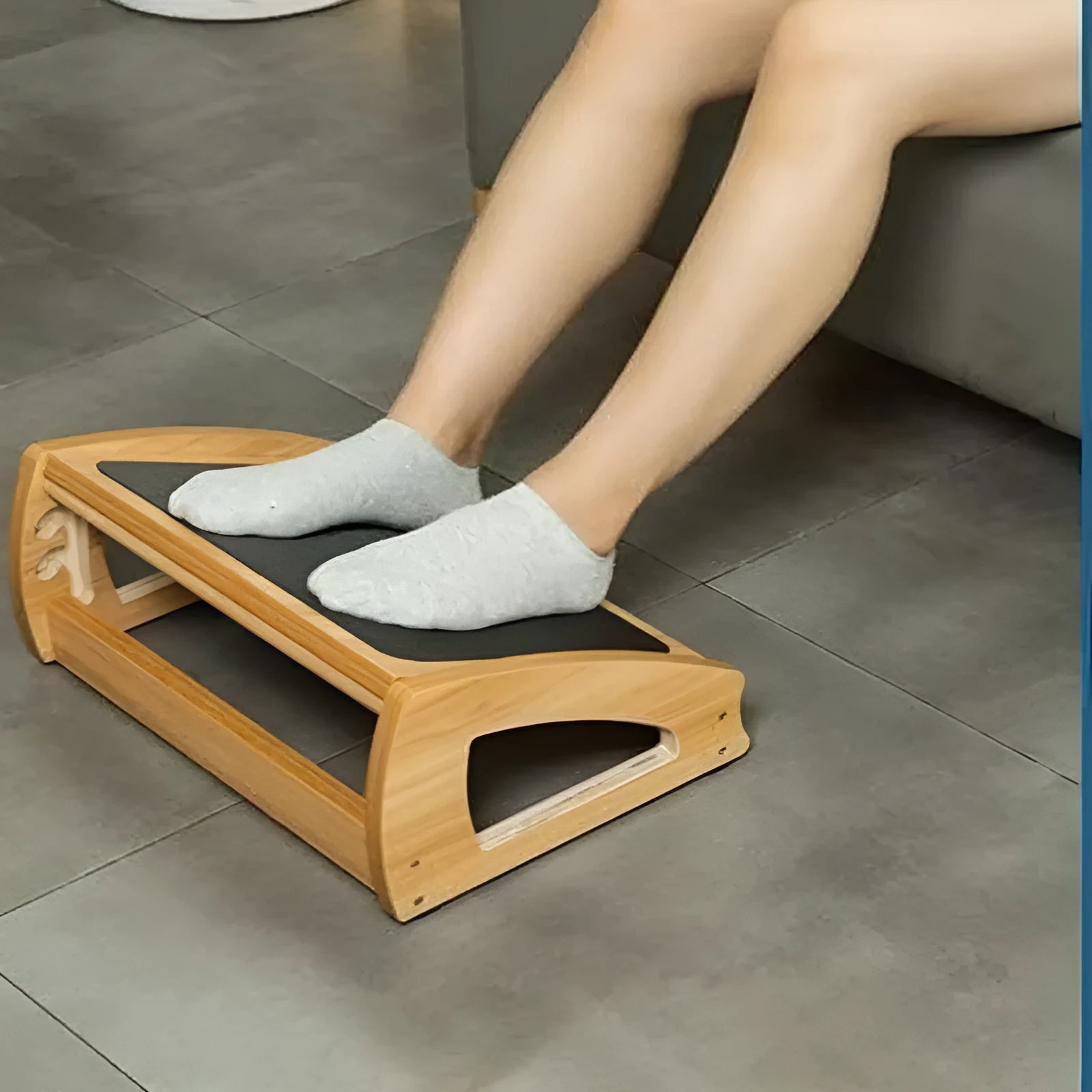 Wooden bamboo office desk footstool in natural wood colour for adult ergonomic support