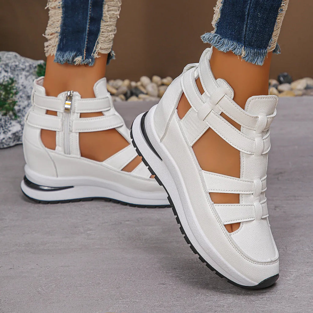 Black women's close-toed platform sandals with hollow-out design and Velcro strap