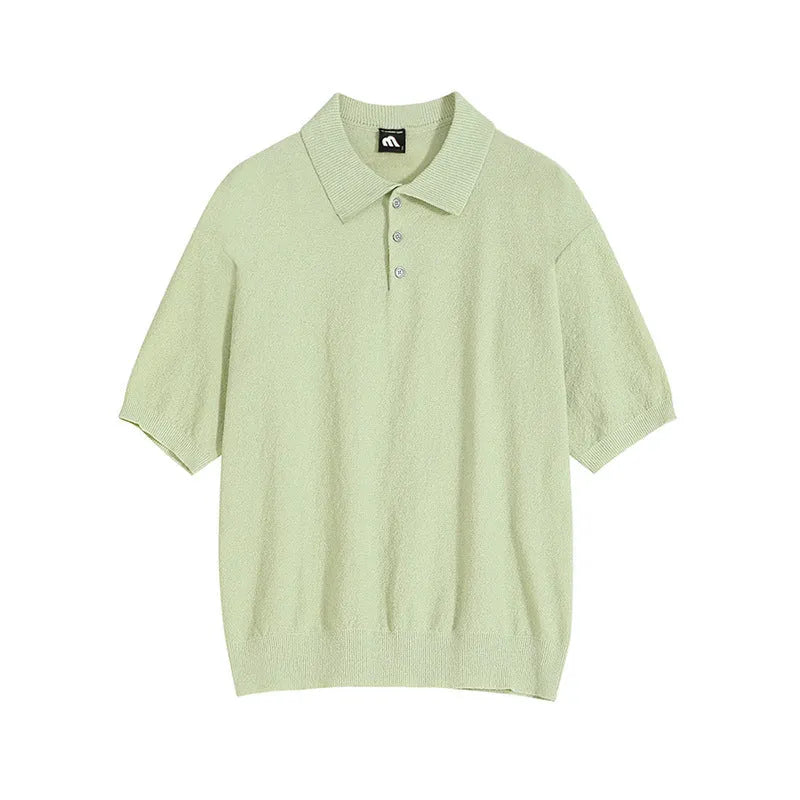 Retro style men's caramel knitted polo shirt with asymmetrical design and short sleeves.