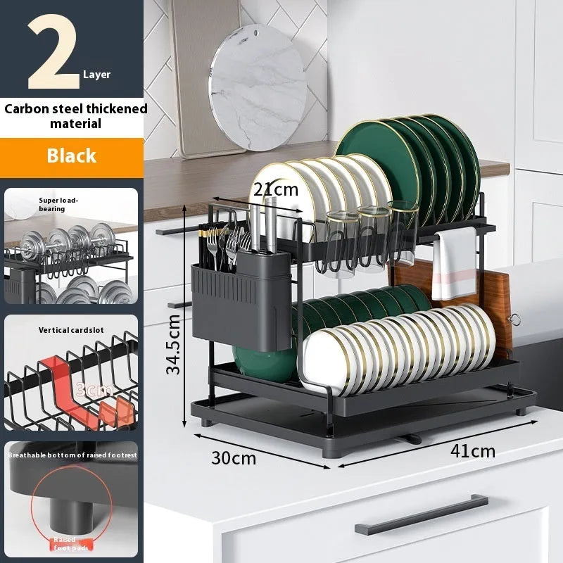 White double-layer kitchen draining rack with removable storage compartments on countertop