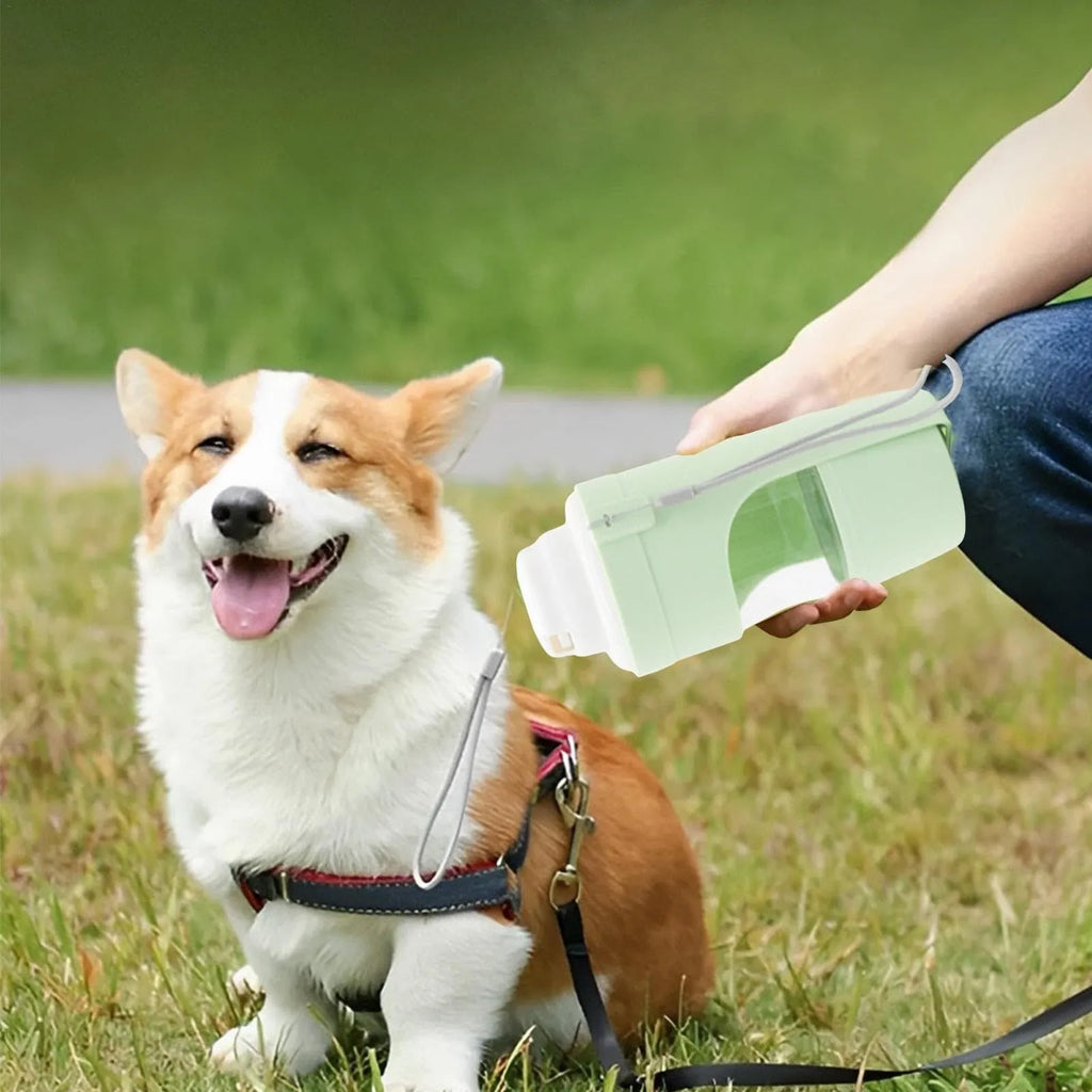 Green portable pet water bottle and food feeder with attached lanyard, showing transparent cup design.