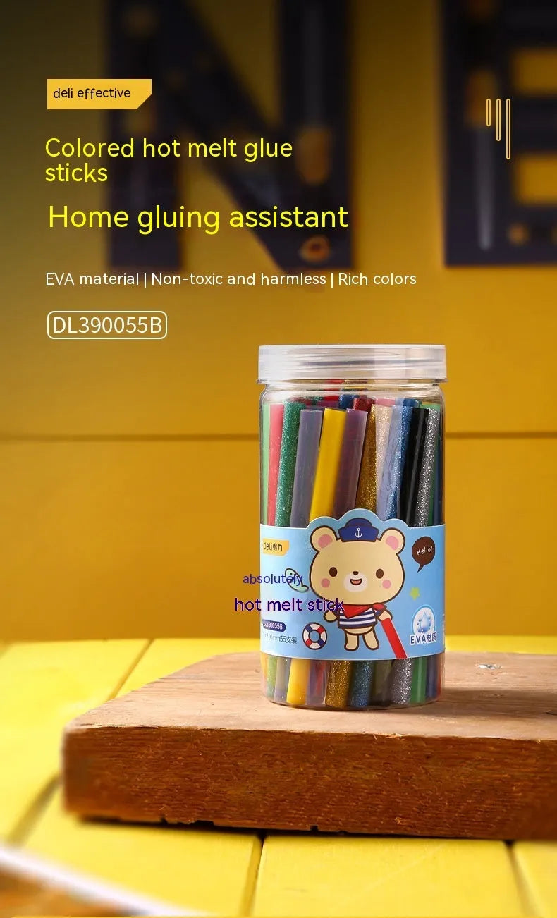 Pack of 55 clear hot melt glue sticks showing 7mm diameter and 100mm length.