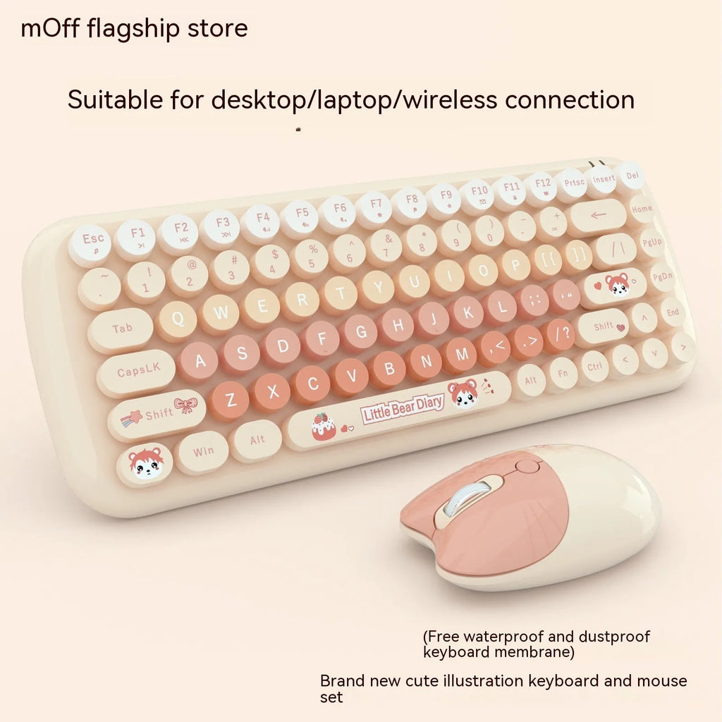 Pink wireless keyboard and mouse set with cartoon design showing keyboard dimensions of 43.5cm