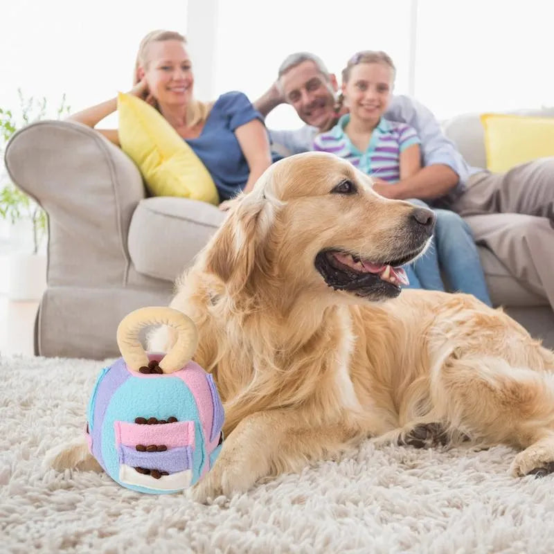 Green or pink polyester dog squeaky plush ball toy with treat pockets measuring 12x12x18cm