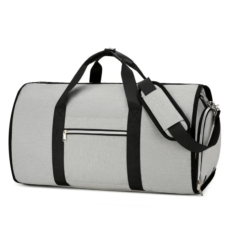 Oxford cloth sports bag in grey colour showing main compartment and dry-wet separation feature.