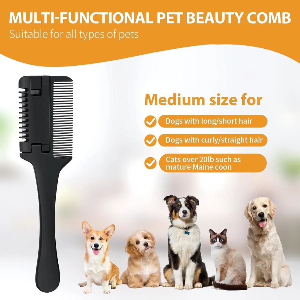 A razor comb for grooming dogs and cats with a comb and trimmer blade, includes 10 replacement blades.
