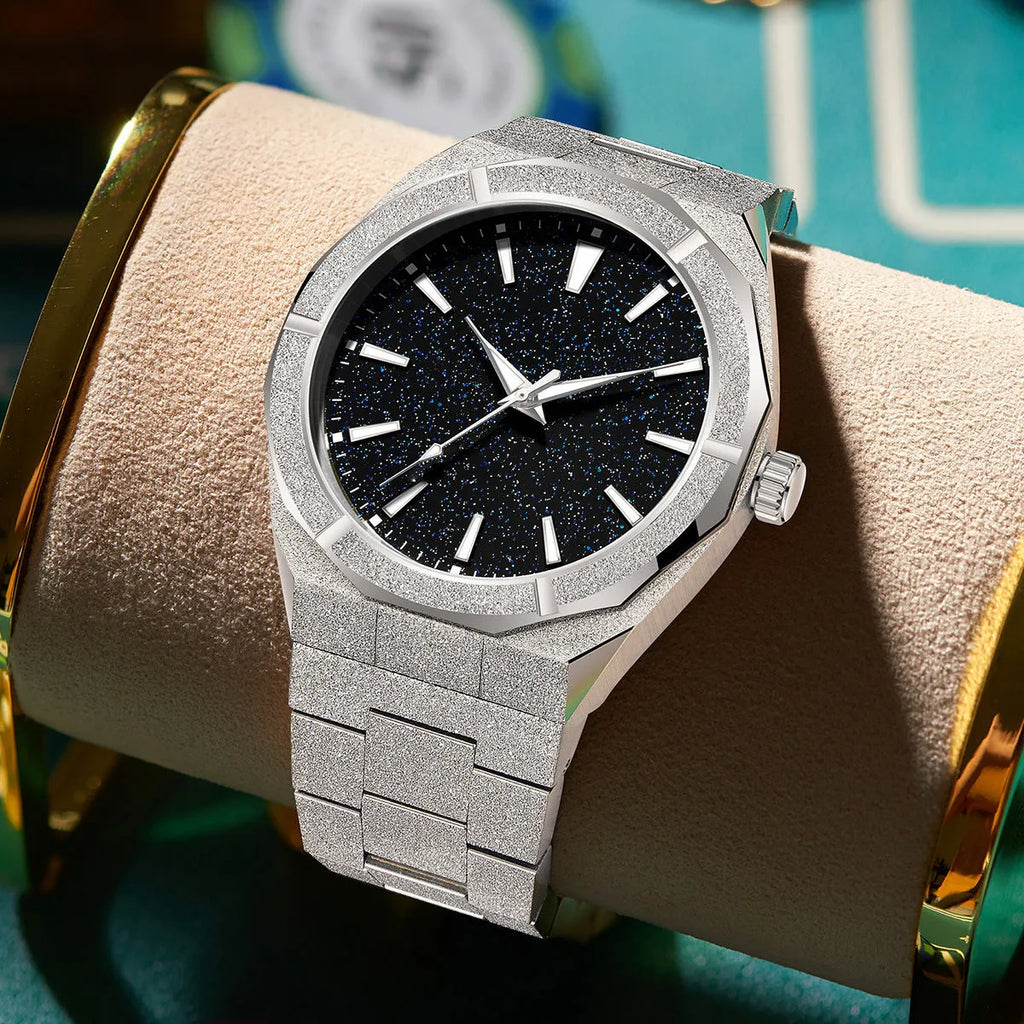 Business men's watch with frosted stainless steel case and luminous hands in silver colour