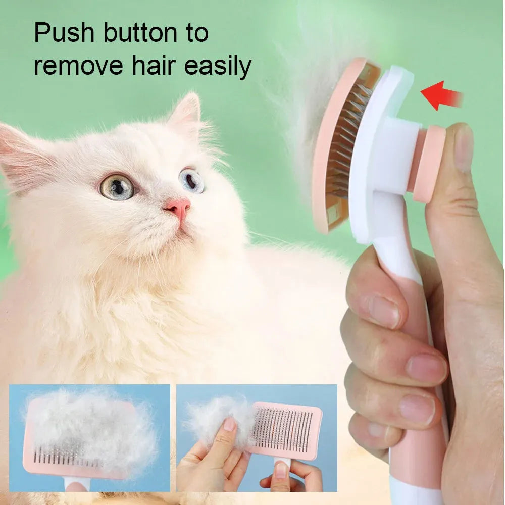 Self-cleaning slicker brush for dogs and cats with one-click hair removal button, available in green, orange, and pink
