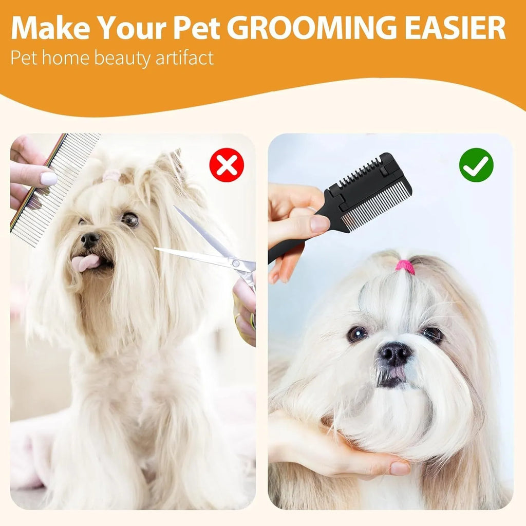 A razor comb for grooming dogs and cats with a comb and trimmer blade, includes 10 replacement blades.