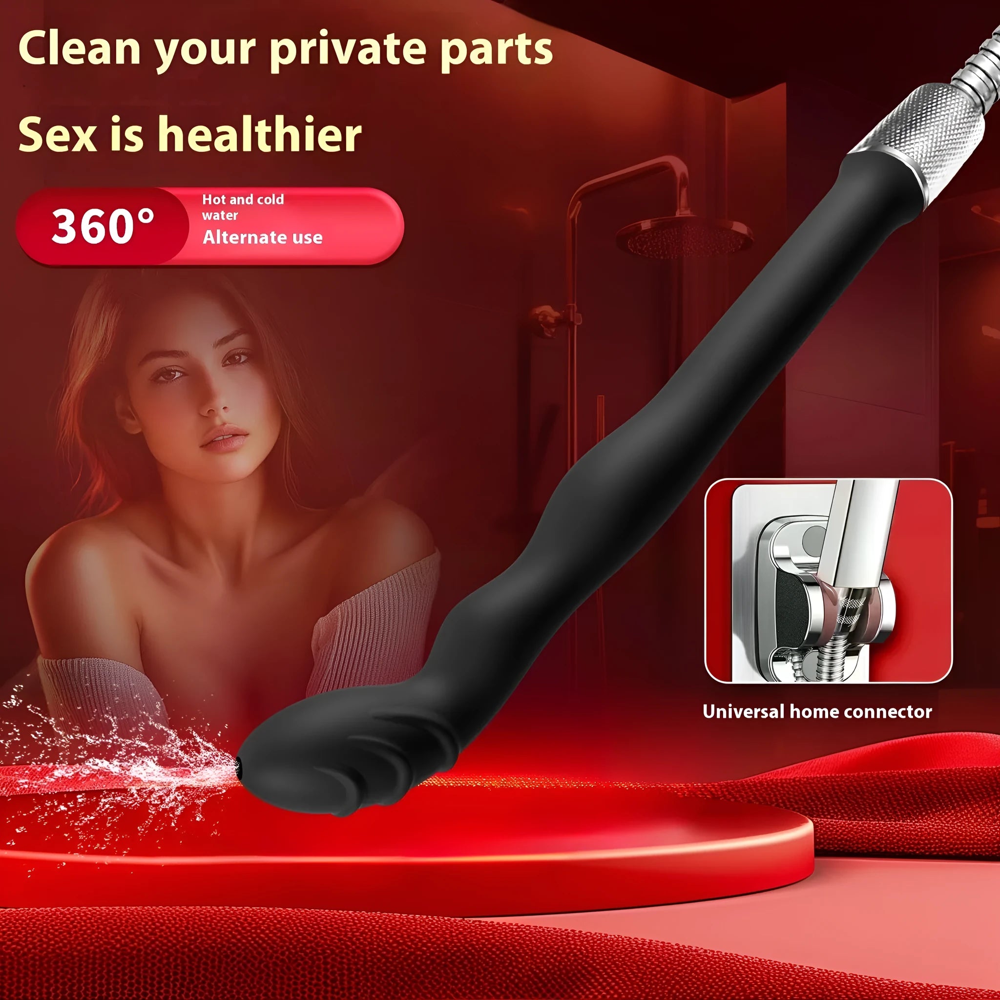 Black silicone hosepipe flusher for rectal irrigation procedures shown in large and small size options