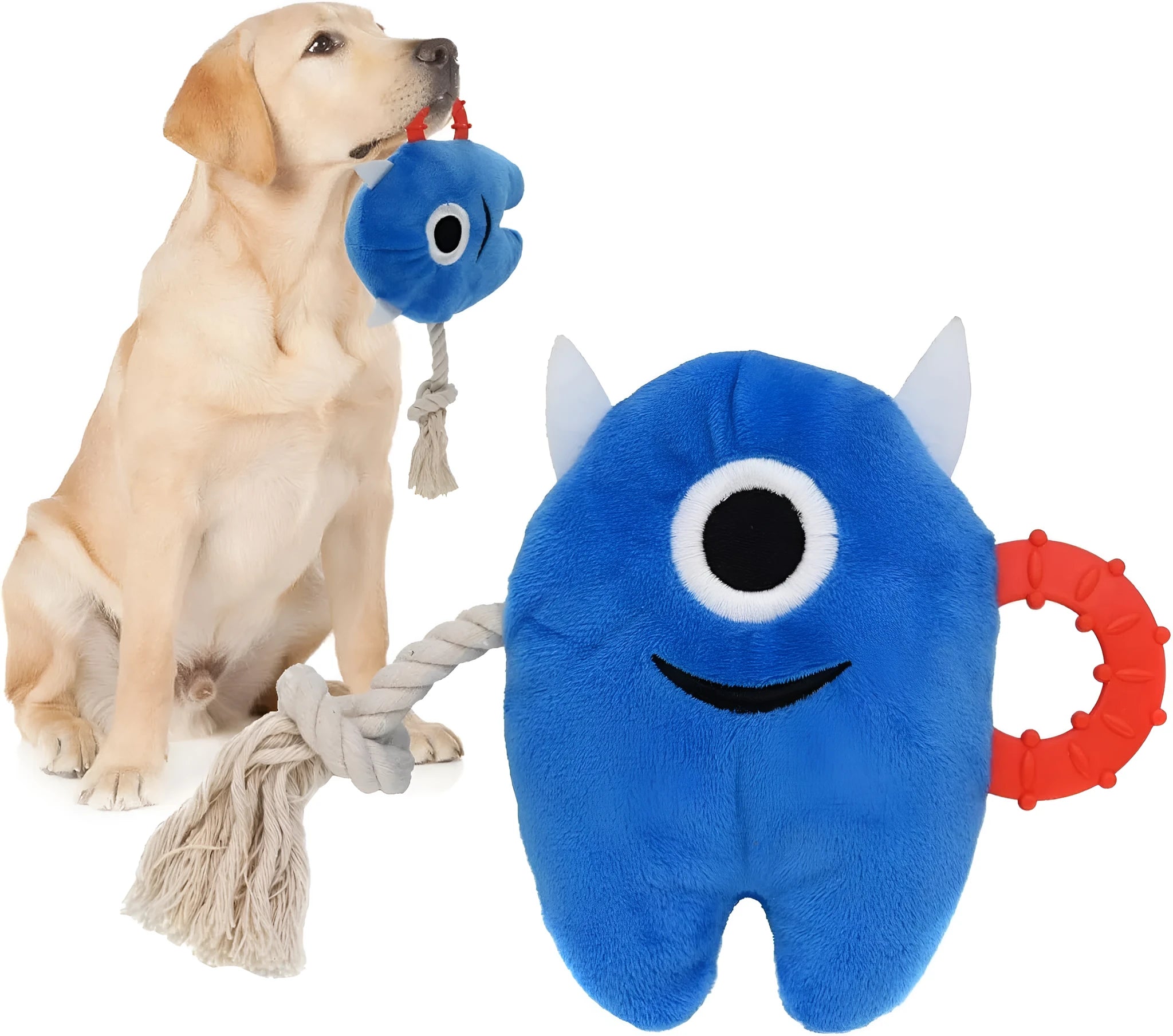 Blue and green stuffed plush dog toy with integrated cotton rope and squeaker for chew and tug play.