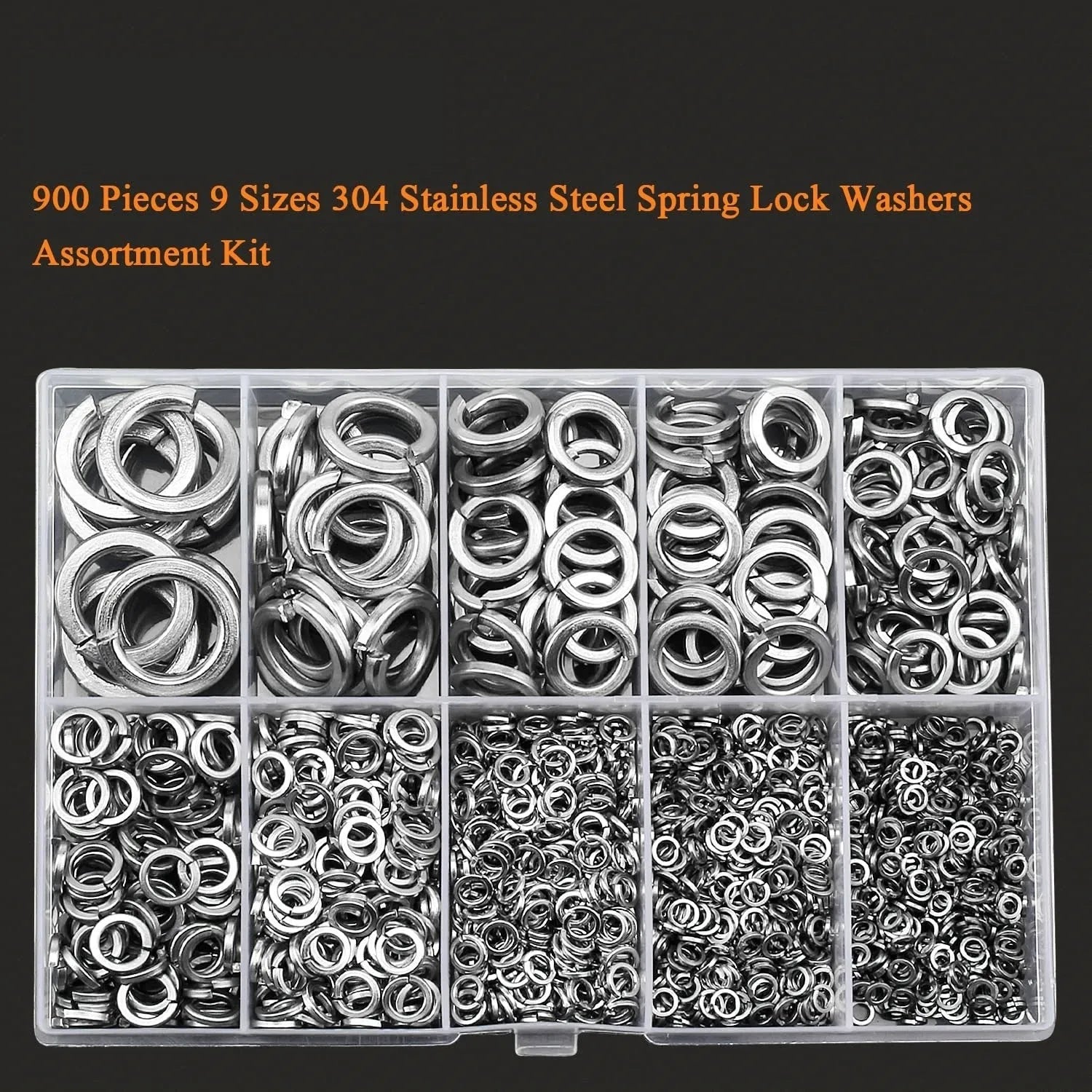 304 stainless steel spring lock washer combination box with 900 pieces covering M2 to M12 fastener sizes