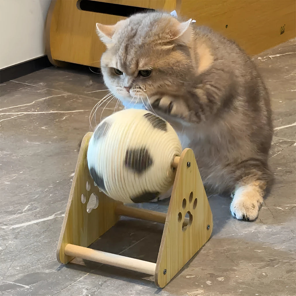 Football-style solid wood sisal cat scratch board vertical grounder on floor
