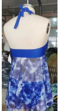 Blue women's bikini swimsuit with brief-style bottoms on a mannequin.