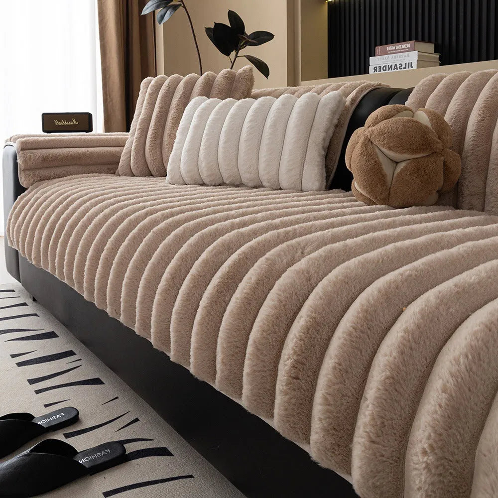 Striped rabbit plush flannel sofa cushion in dark gray with antislip backing
