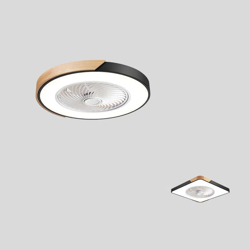 Nordic style ceiling fan with light fixture showing solid wood blades and PVC lampshade in rectangular configuration