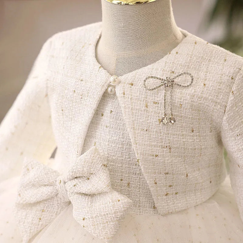 White long-sleeved princess style flower girl wedding dress with polyester lining for heights 80-160cm