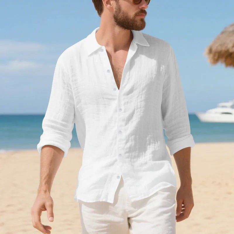 Man wearing a loose fit linen casual shirt in army green colour, showing button-up front and non-ironed texture.