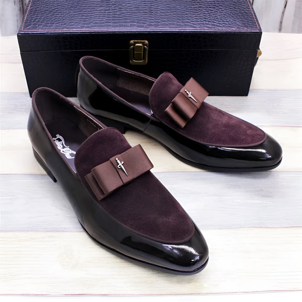 Men's low-top patent leather shoes with tassel detail in black, blue, brown, or red colours.