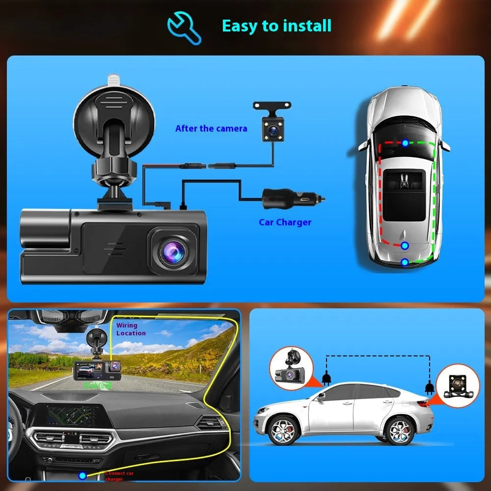 Black car dash cam with a 2-inch screen mounted on a windscreen, showing a rear-view parking image.