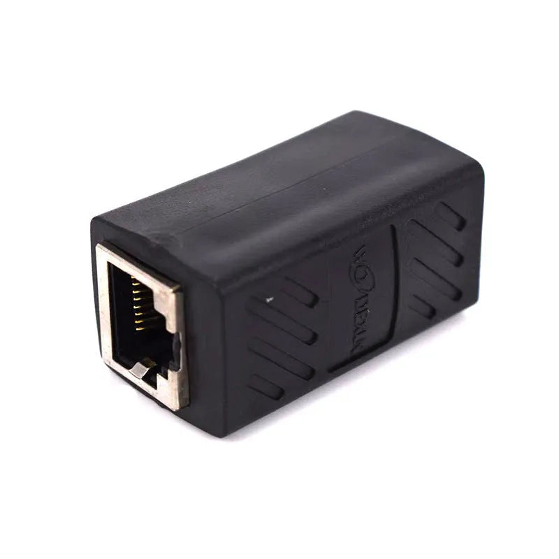 Black RJ45 coupler adapter with rotary union for extending Ethernet network cables