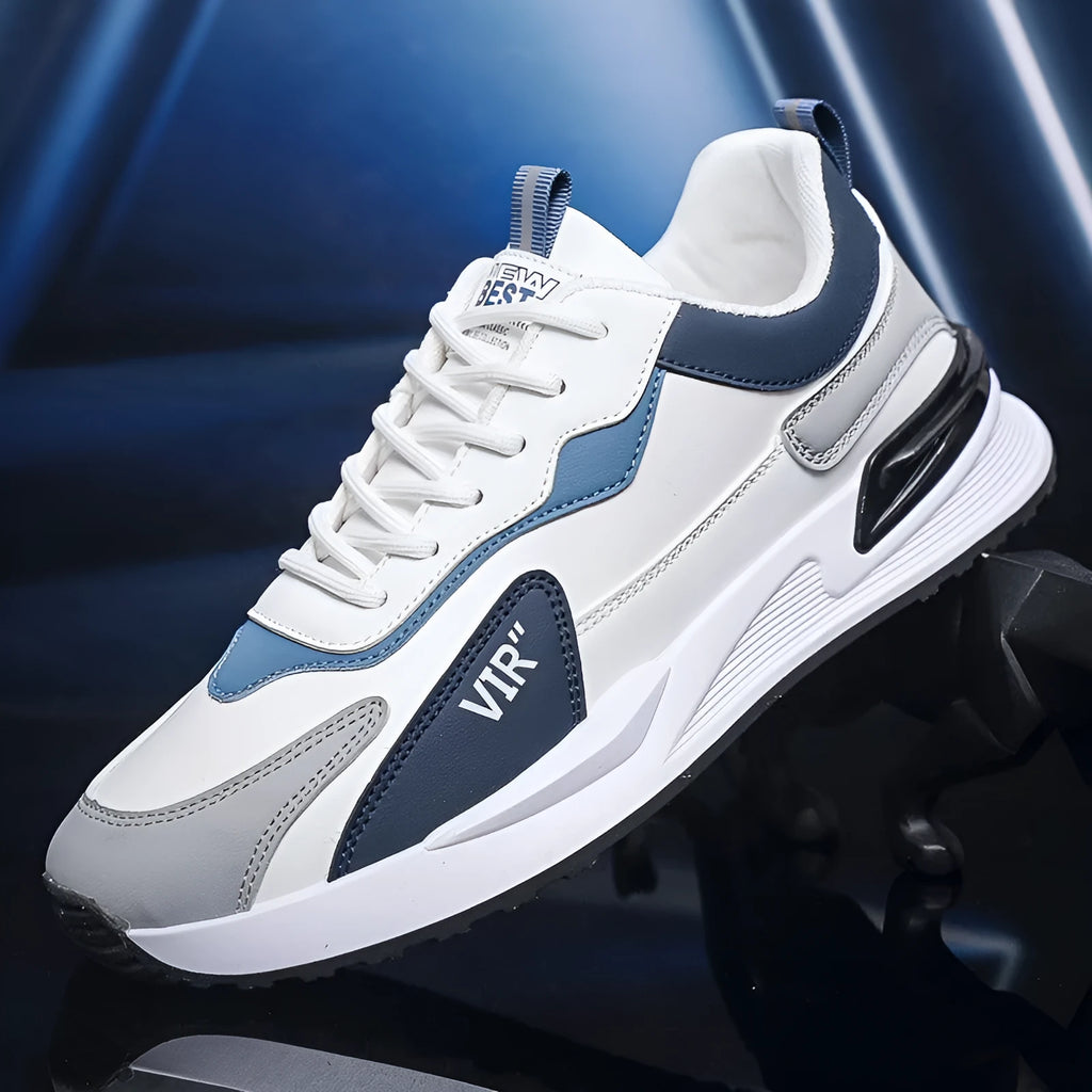Men's colour block mesh sneakers in black, grey, and white with a lace-up design.