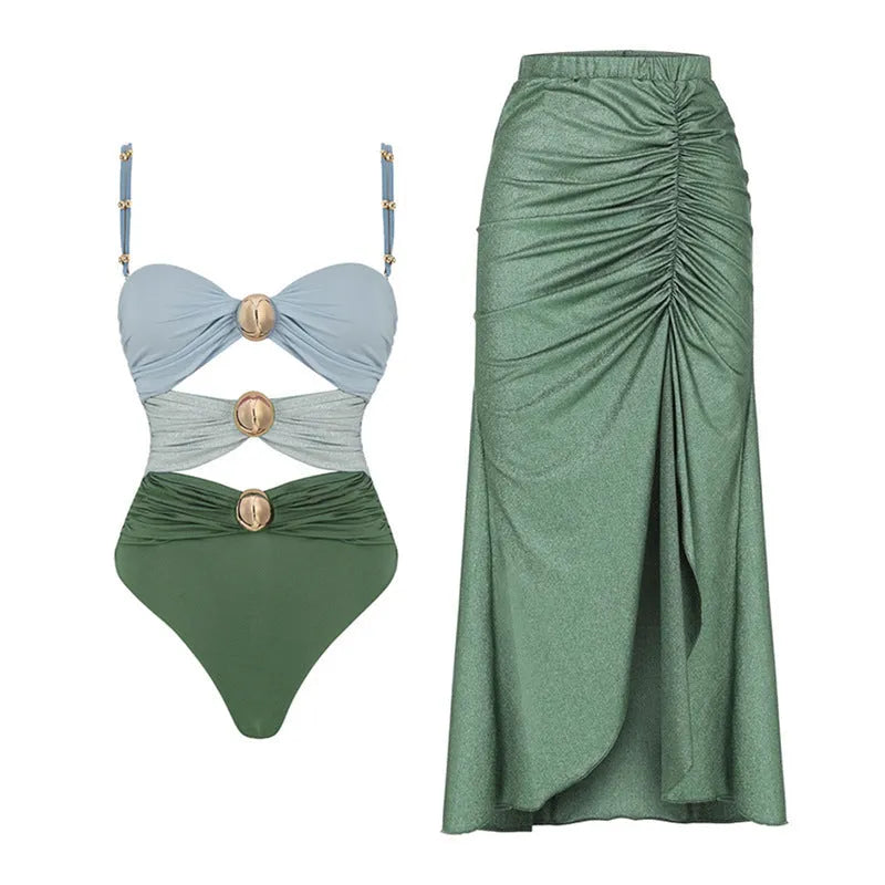 Women's split swimsuit bikini with high waist design in green and yellow colour options