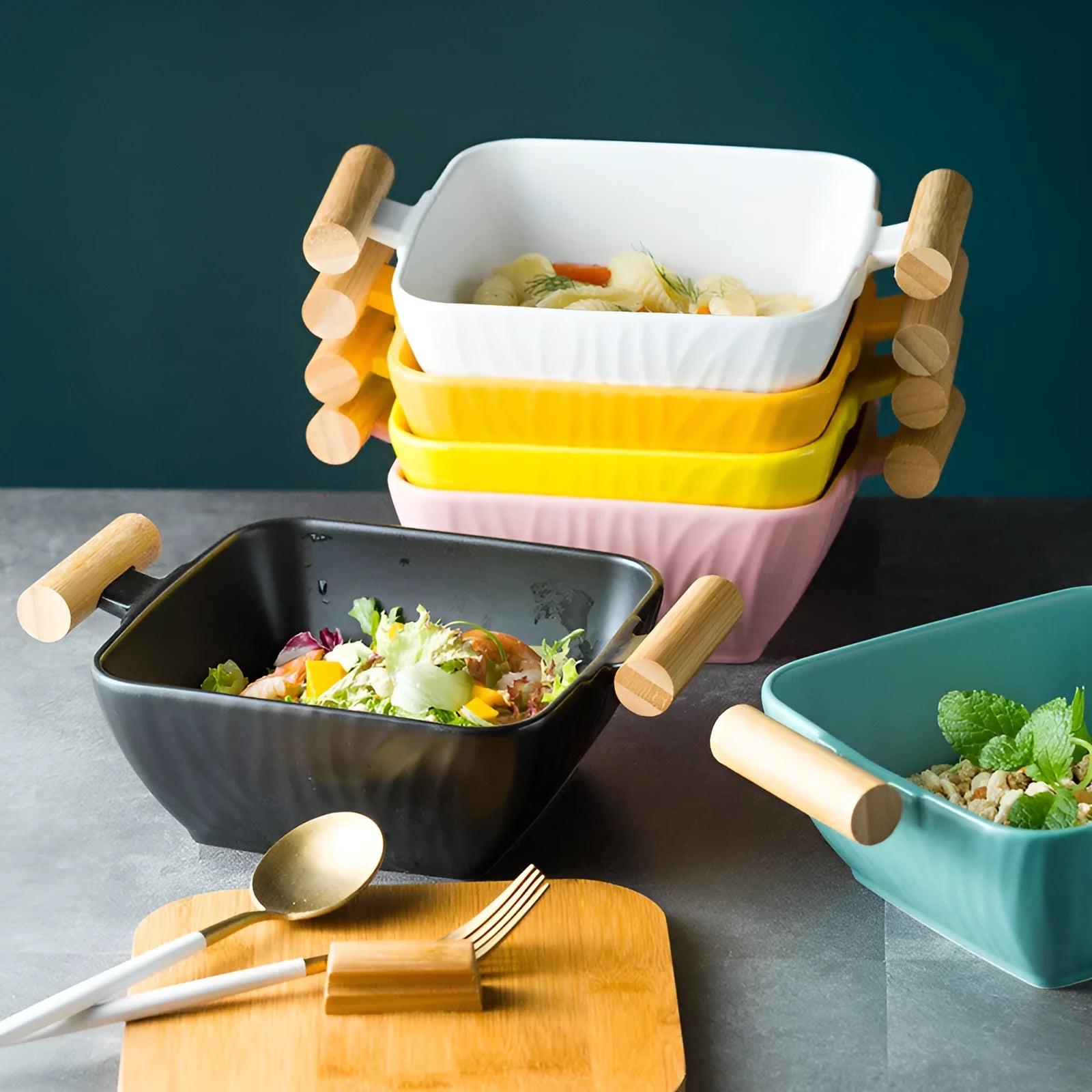 Modern irregular shaped ceramic bowl with matching lid in heat-resistant porcelain