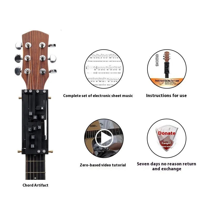 Black automatic guitar chord practice device for novice players on a folk guitar.