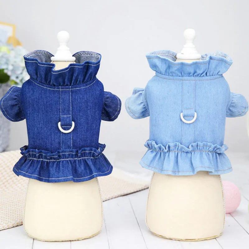 Dark blue denim pet dress with ruffled vest design and leash hook for dogs and cats