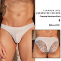 Men's black hipster briefs made from textured shark skin lace fabric on a grey background.