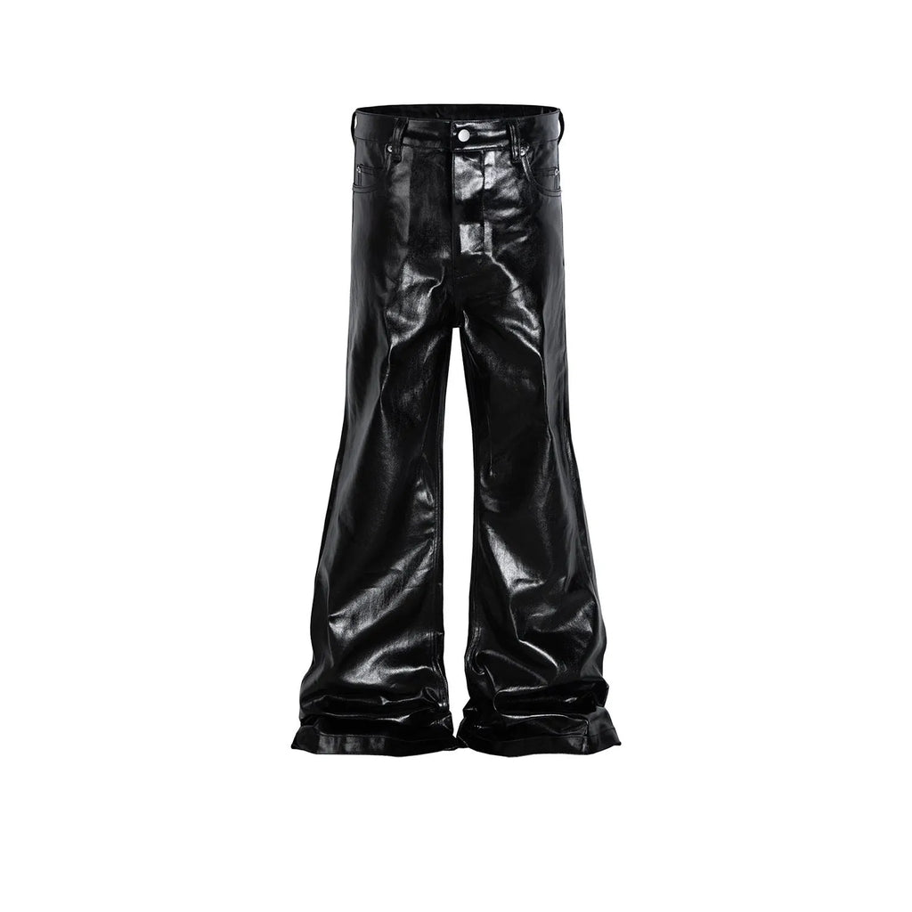 Black straight-leg skinny jeans with a shiny patent leather finish and a mid waist.