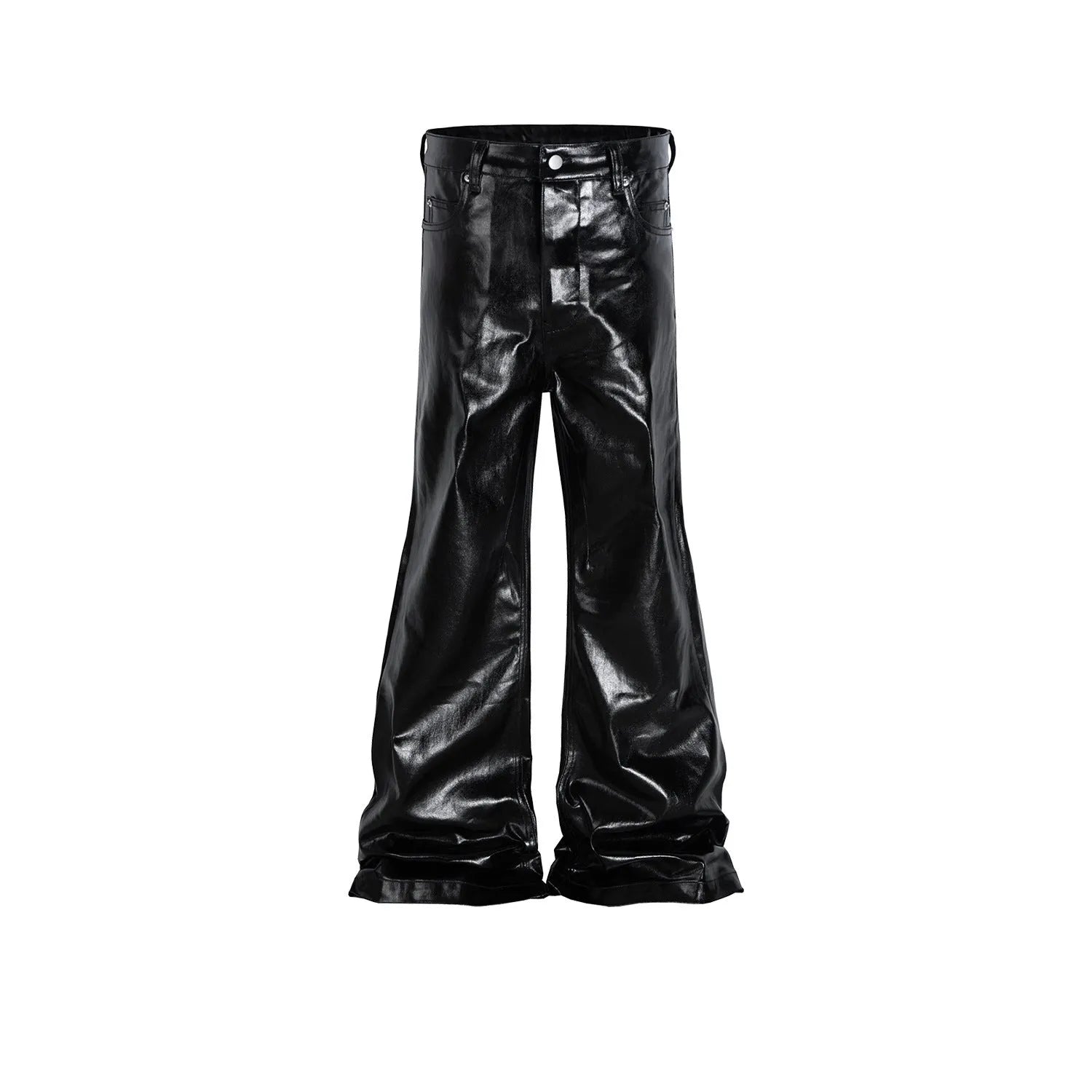 Black straight-leg skinny jeans with a shiny patent leather finish and a mid waist.