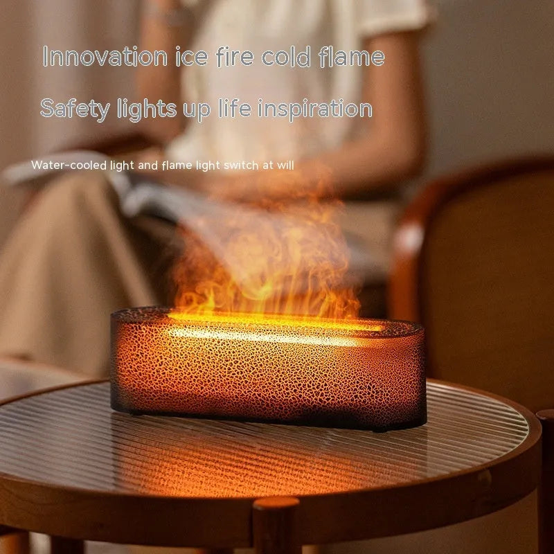Square black and white USB lava flame aroma diffuser humidifier on a desktop