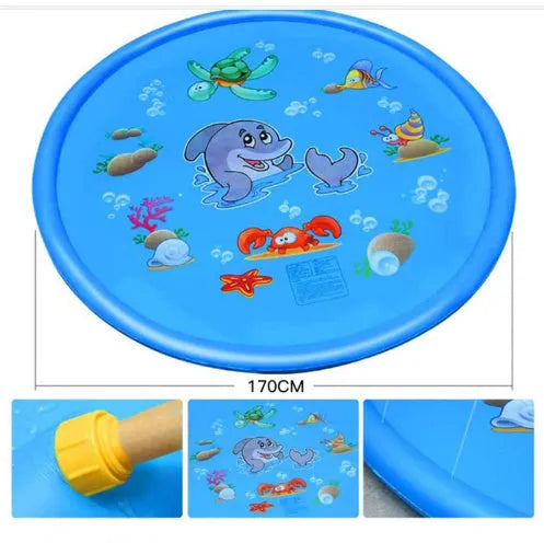 Blue PVC children's water spray play mat with marine animal prints, connected to a garden hose.