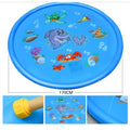Blue PVC children's water spray play mat with marine animal prints, connected to a garden hose.