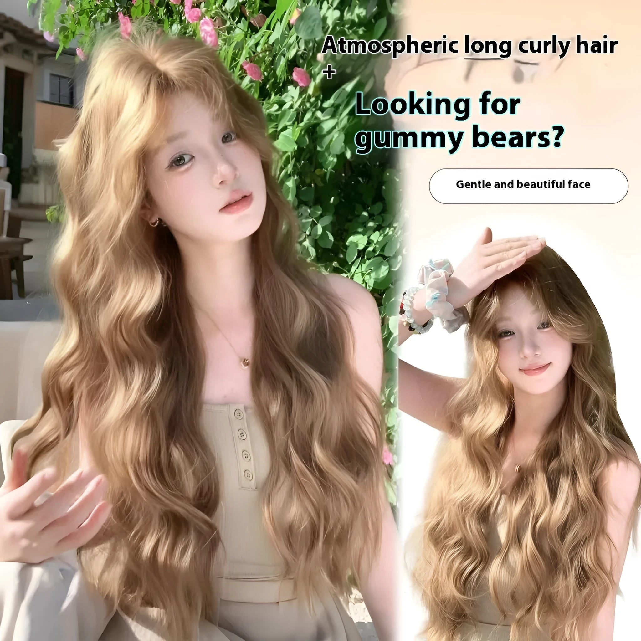 Medium-sized synthetic wig with long curly hair in a linen brown colour, shown with an attached hair net.