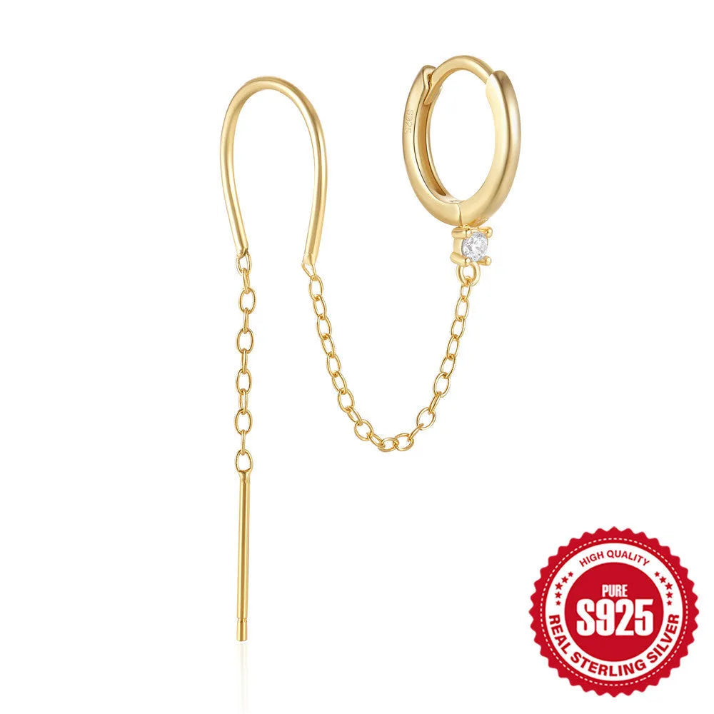 S925 sterling silver earrings with electroplated gold finish and geometric flower tassel chain design