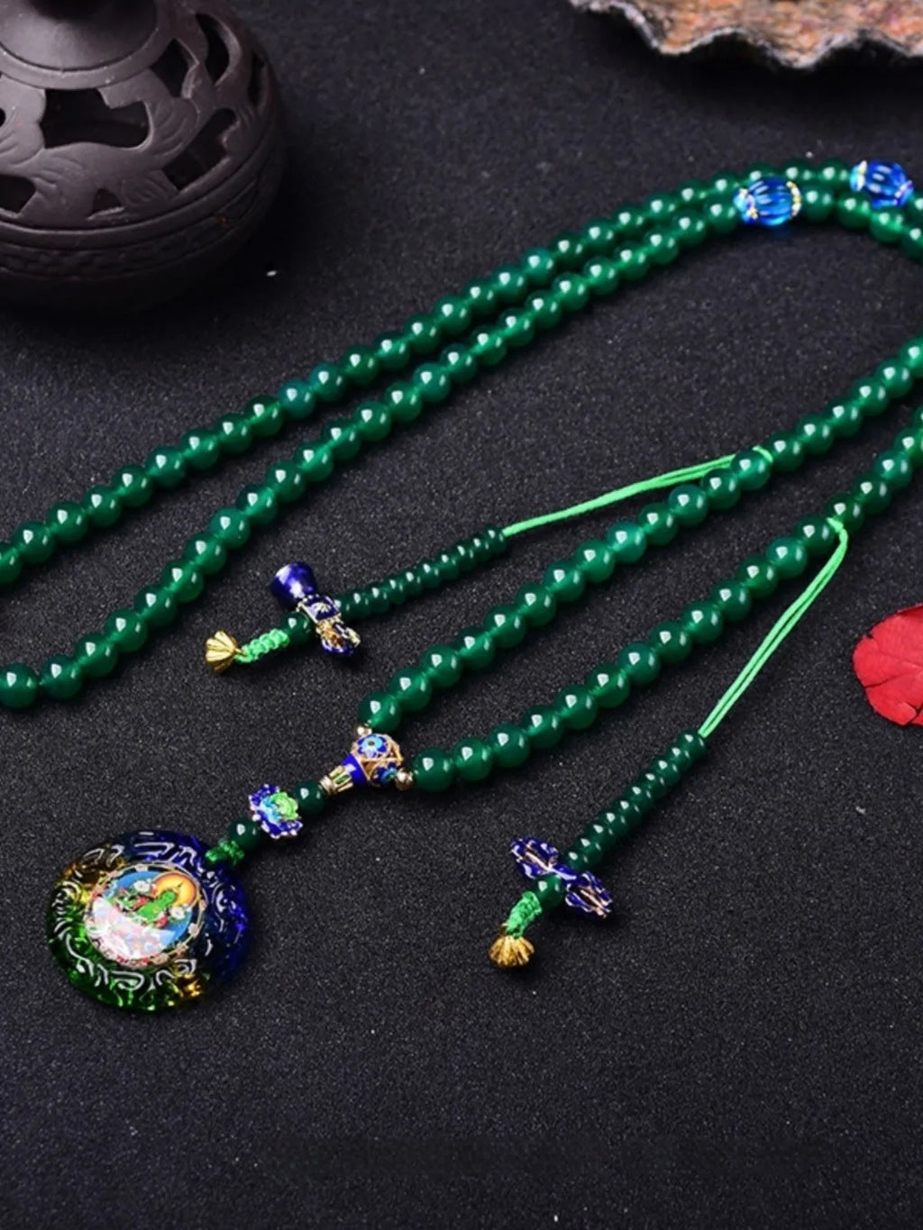 Handmade natural green agate 108 thangka pendant multi-circle bracelet with certification
