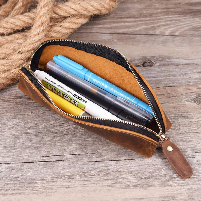 Genuine cowhide leather handmade square pencil and glasses case with zipper, in black.