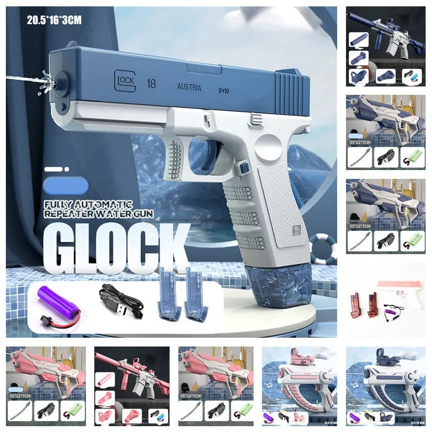 Blue electric water gun with USB charging cable and 55cm length measurement