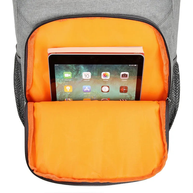 Large outdoor thermal backpack in Oxford cloth with curved shoulder straps and multiple compartments