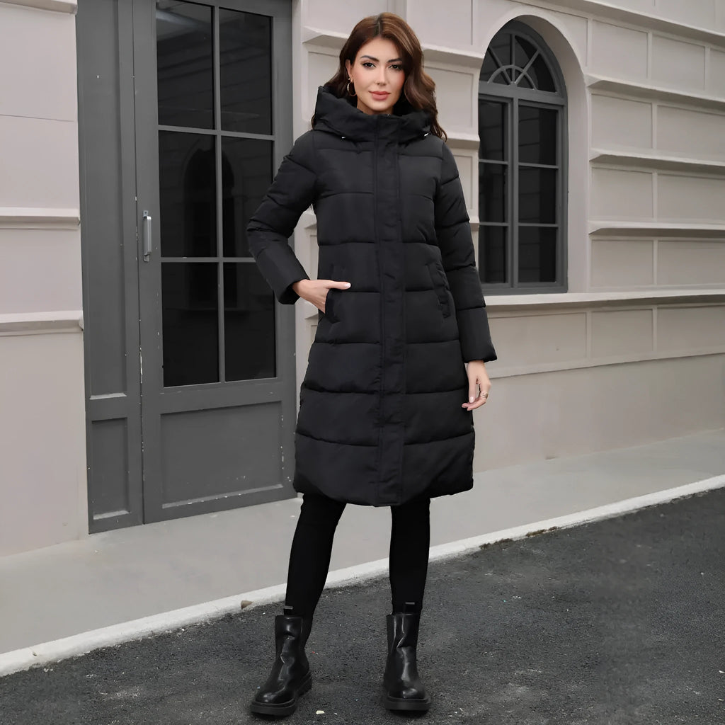 Black slim fit hooded long cotton jacket with cold-resistant construction and regular sleeves