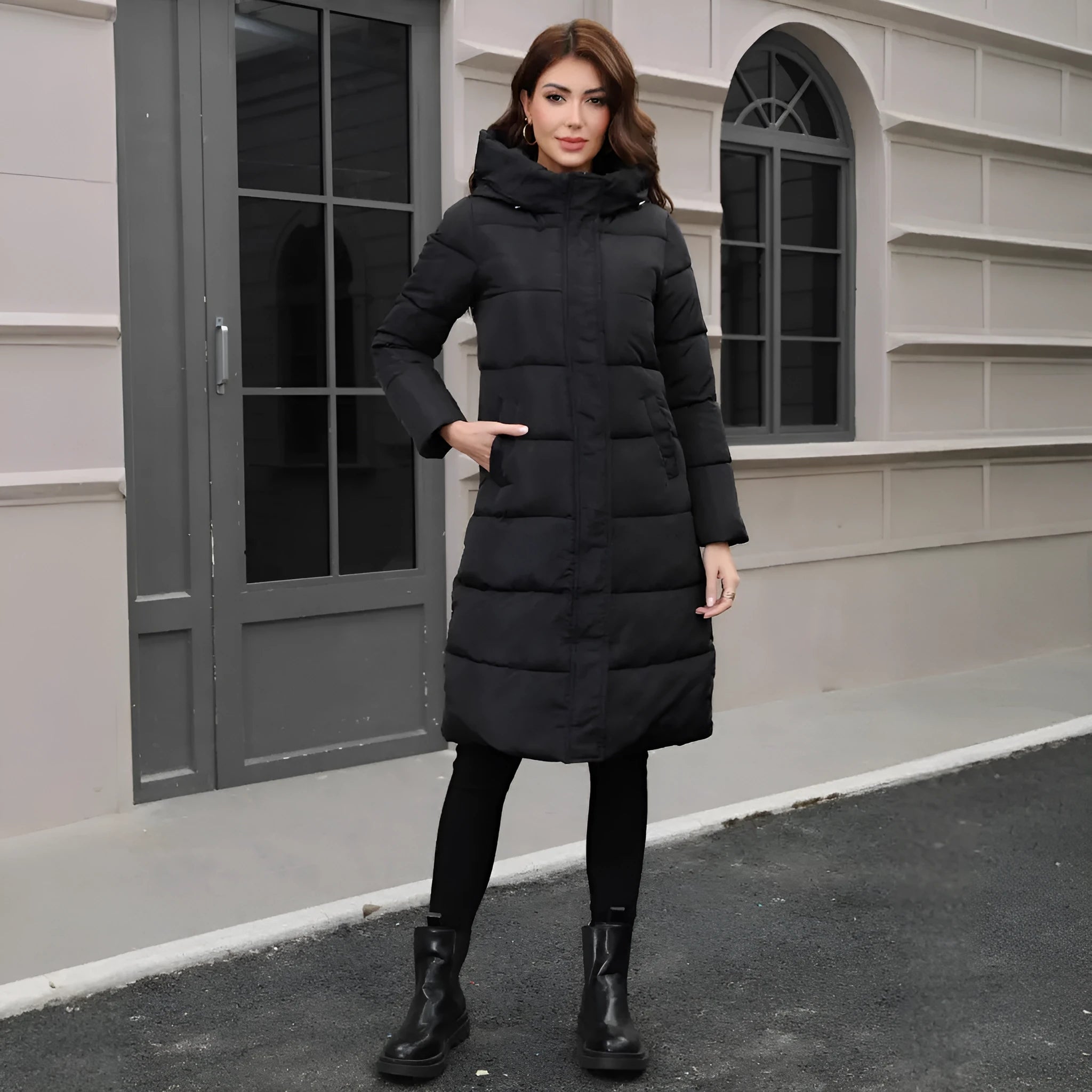 Black slim fit hooded long cotton jacket with cold-resistant construction and regular sleeves