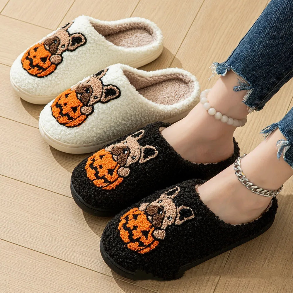 Halloween pumpkin house slippers in plush velvet with TPR memory foam soles